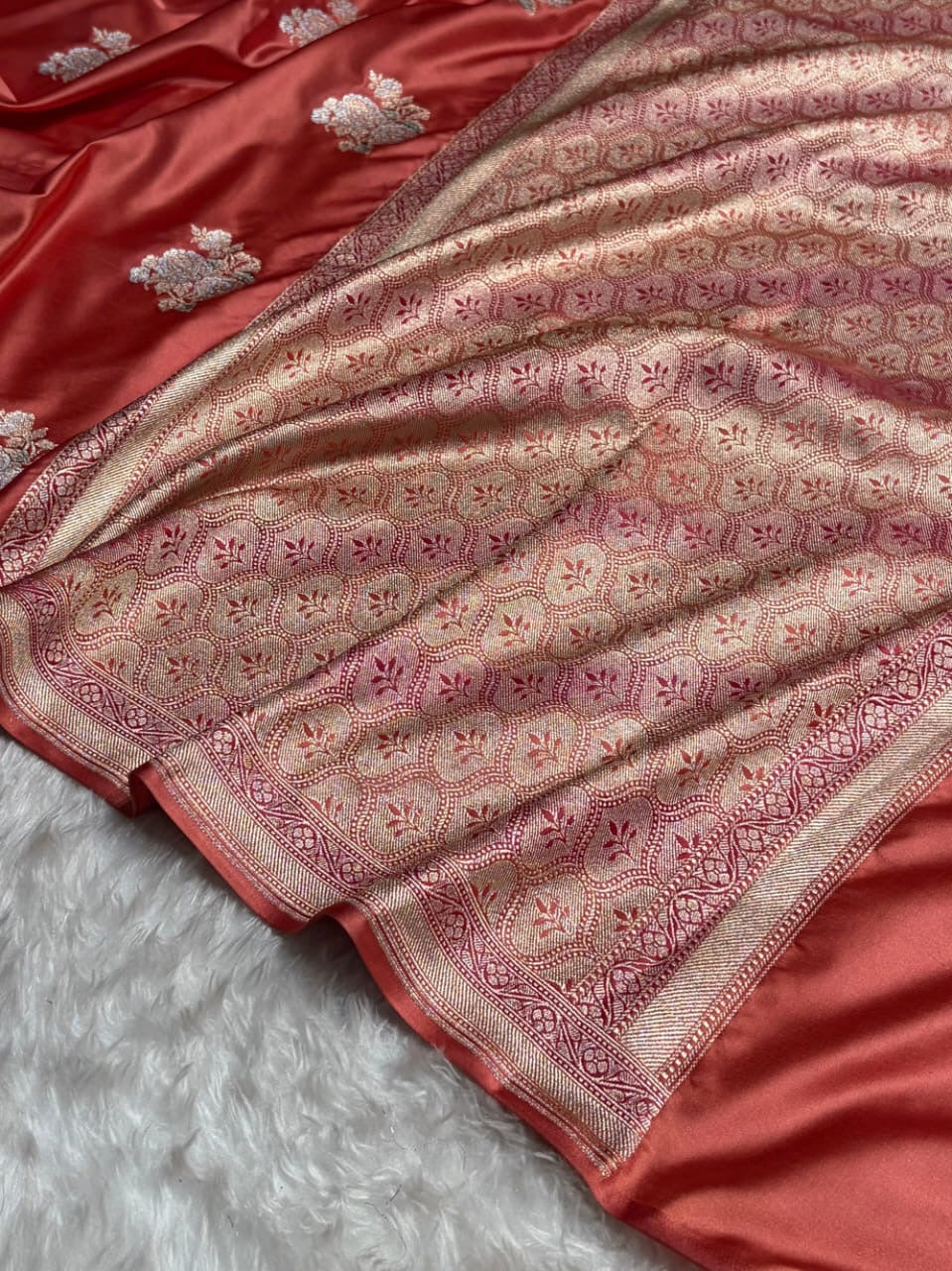 Peach Shades Sona Rupa Floral Hand Brush Motif Mashru Katan Saree