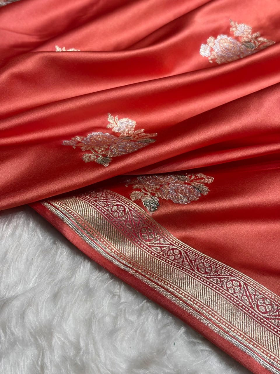 Peach Shades Sona Rupa Floral Hand Brush Motif Mashru Katan Saree