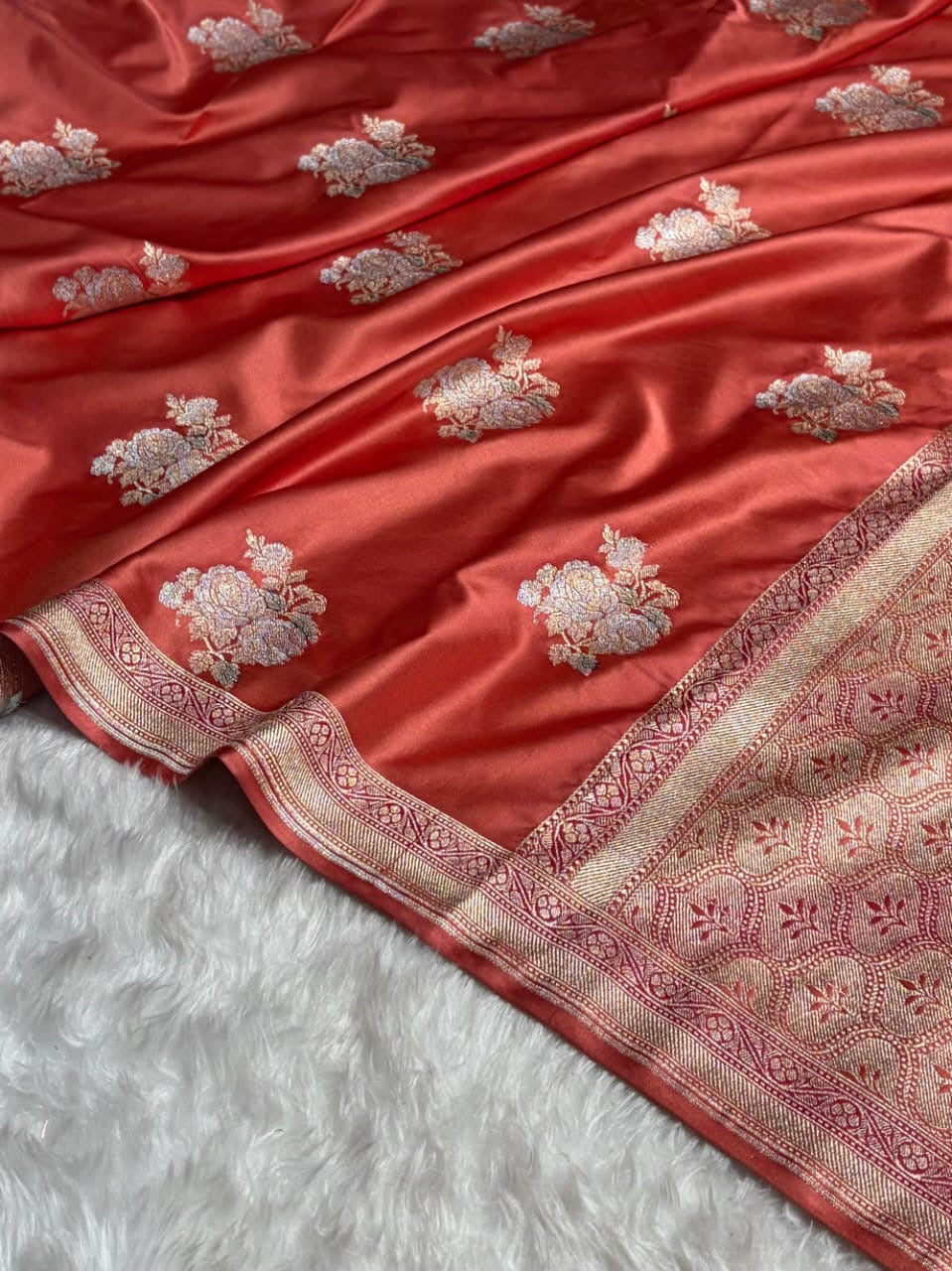 Peach Shades Sona Rupa Floral Hand Brush Motif Mashru Katan Saree