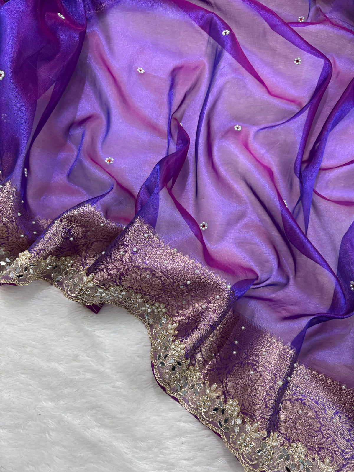 Purple Pearl Work Beautiful lace Border Tissue Silk Banarasi Saree