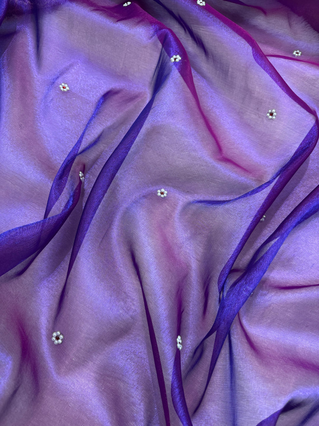 Purple Pearl Work Beautiful lace Border Tissue Silk Banarasi Saree