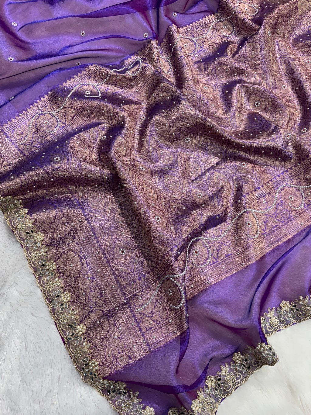 Purple Pearl Work Beautiful lace Border Tissue Silk Banarasi Saree