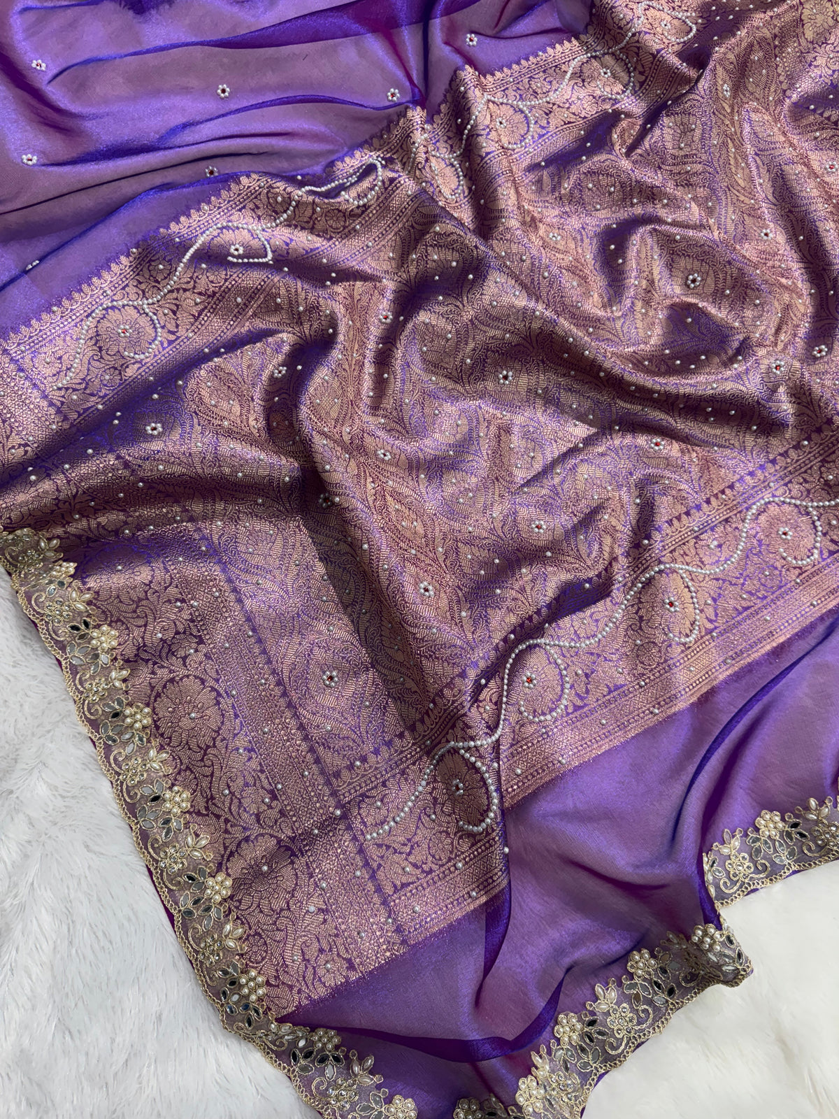 Purple Pearl Work Beautiful lace Border Tissue Silk Banarasi Saree