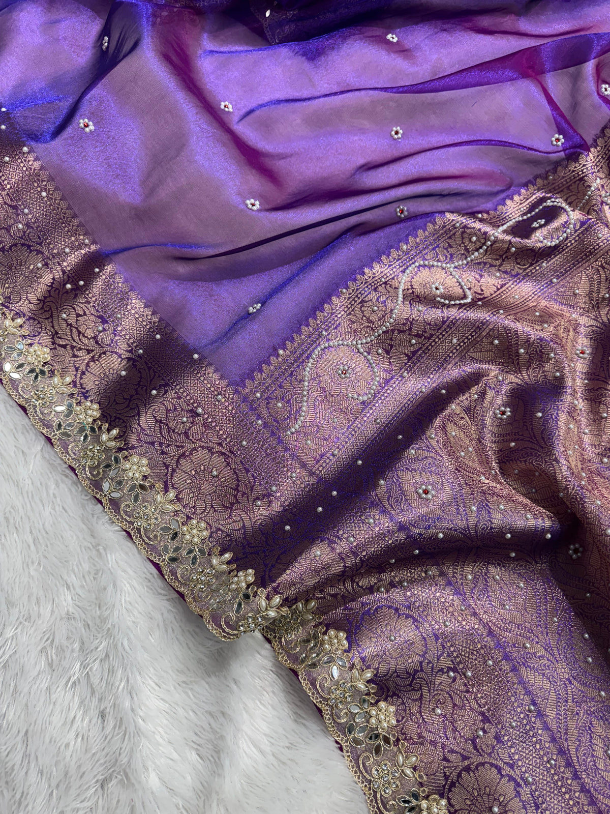 Purple Pearl Work Beautiful lace Border Tissue Silk Banarasi Saree