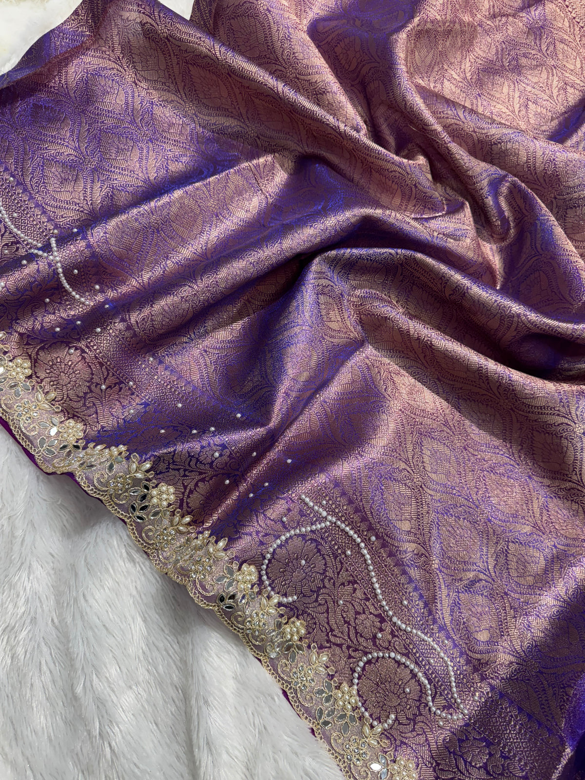 Purple Pearl Work Beautiful lace Border Tissue Silk Banarasi Saree