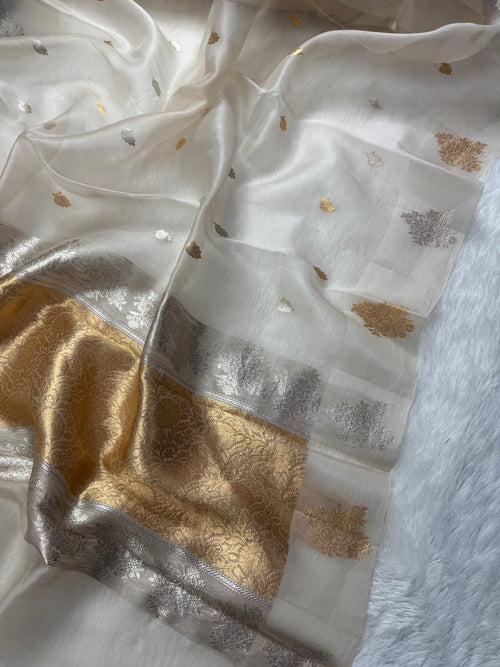 Creamish White Pure Kora Organza Silk Banarasi Saree