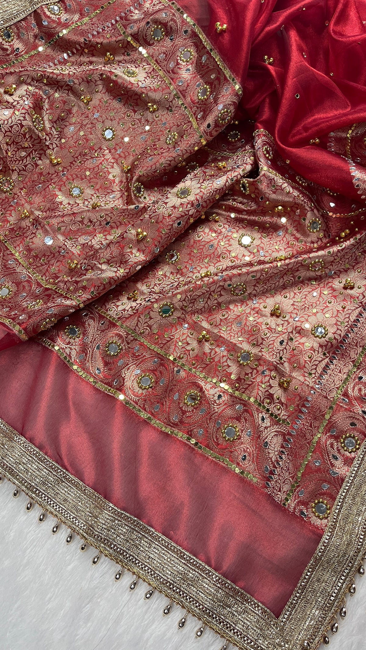 Red Tissue Silk Saree With Ghungroo & Mirror Work Designer Border Lace Saree