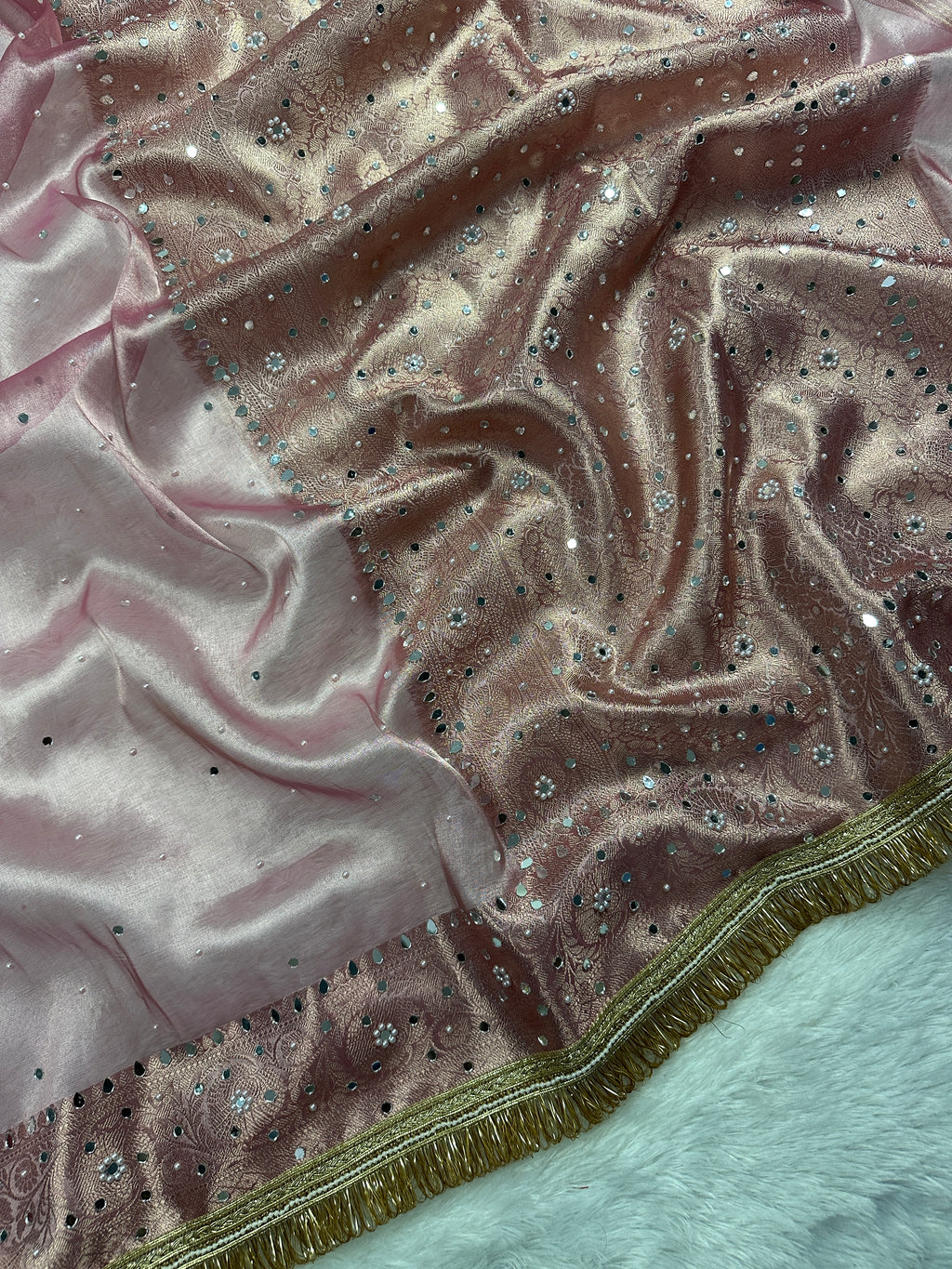 Rose Pink Tissue Silk Saree Beautiful Pearl & Mirror Work & Designer Lace Border