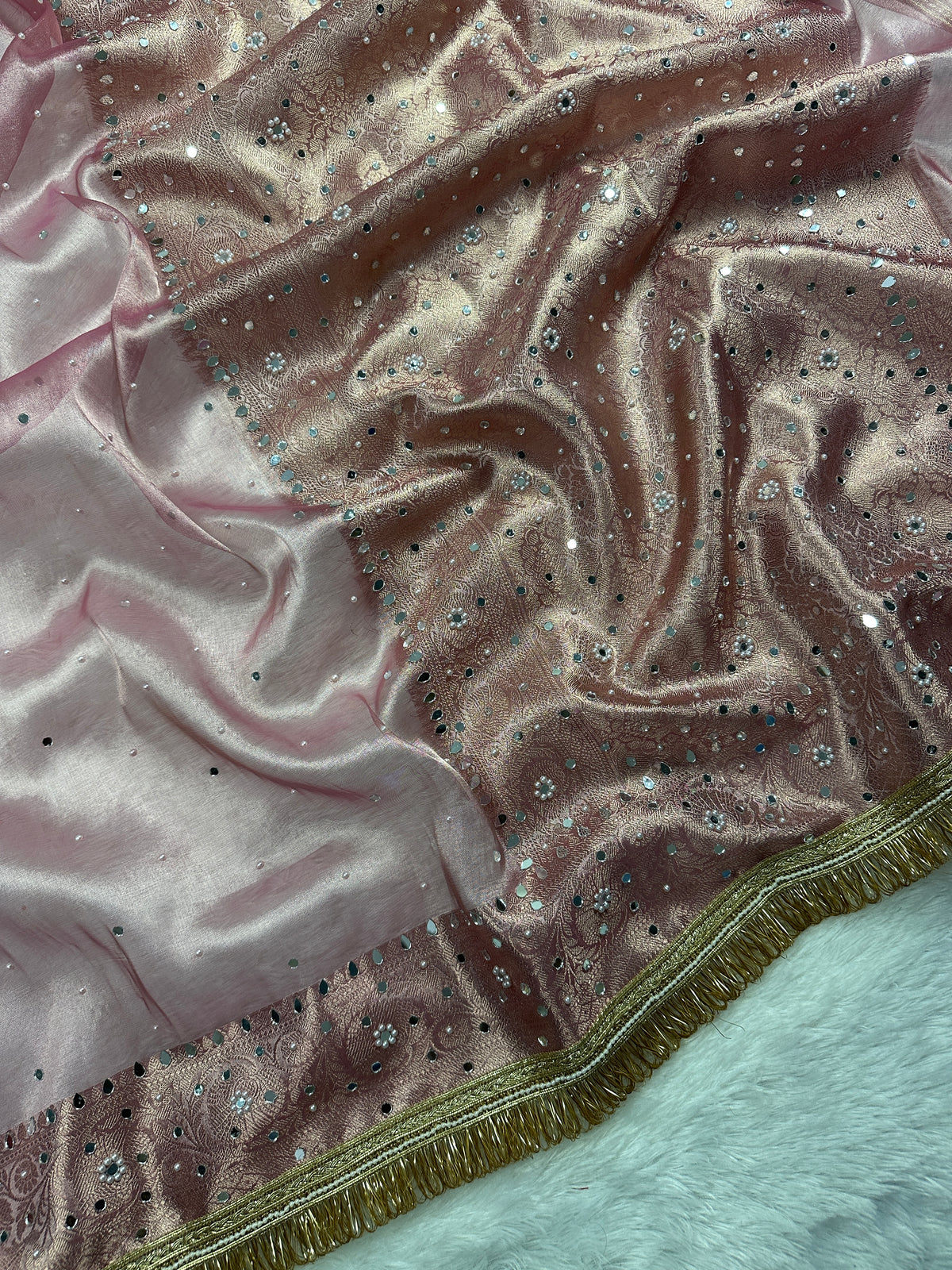 Rose Pink Tissue Silk Saree Beautiful Pearl & Mirror Work & Designer Lace Border