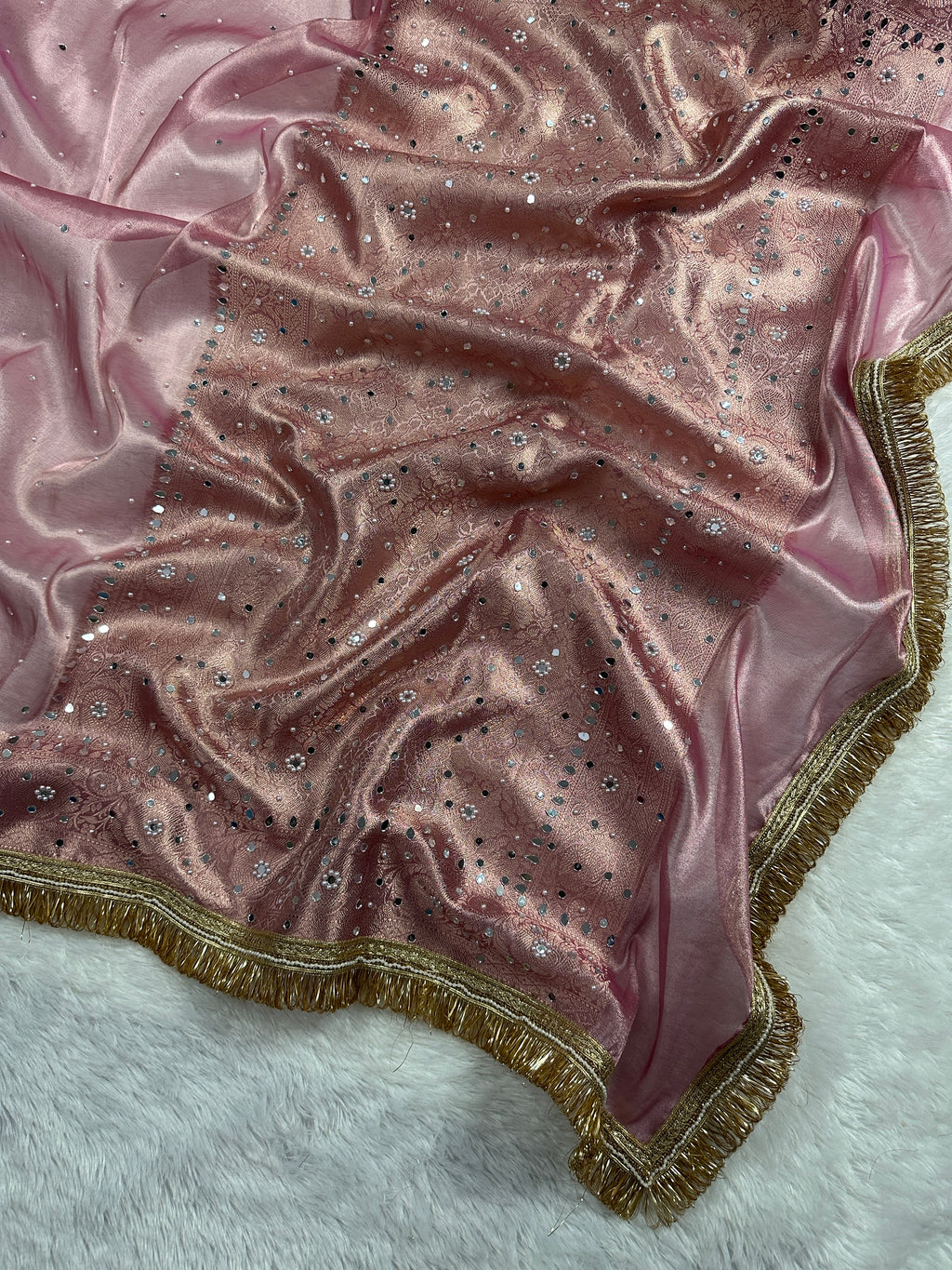 Rose Pink Tissue Silk Saree Beautiful Pearl & Mirror Work & Designer Lace Border