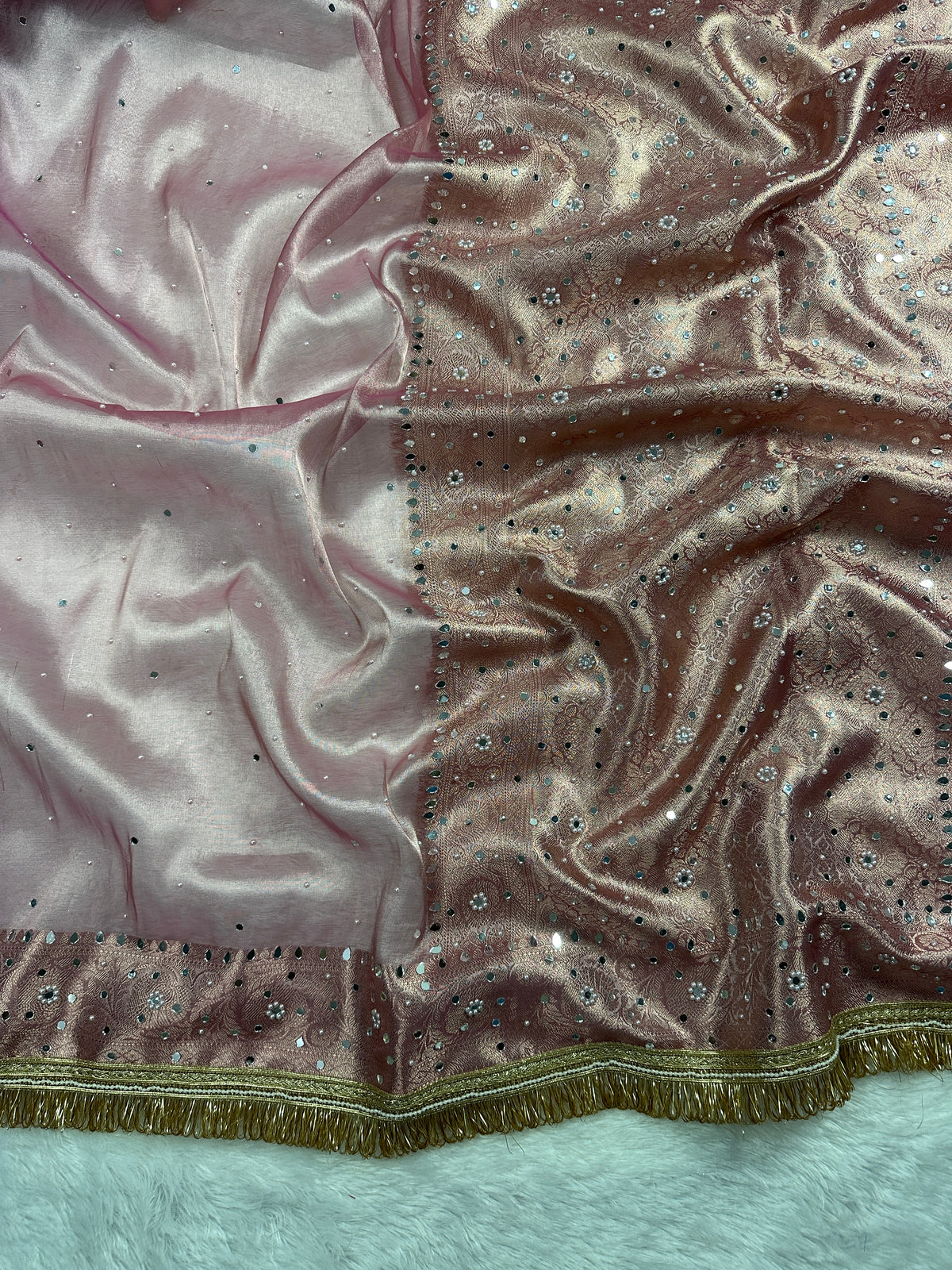 Rose Pink Tissue Silk Saree Beautiful Pearl & Mirror Work & Designer Lace Border