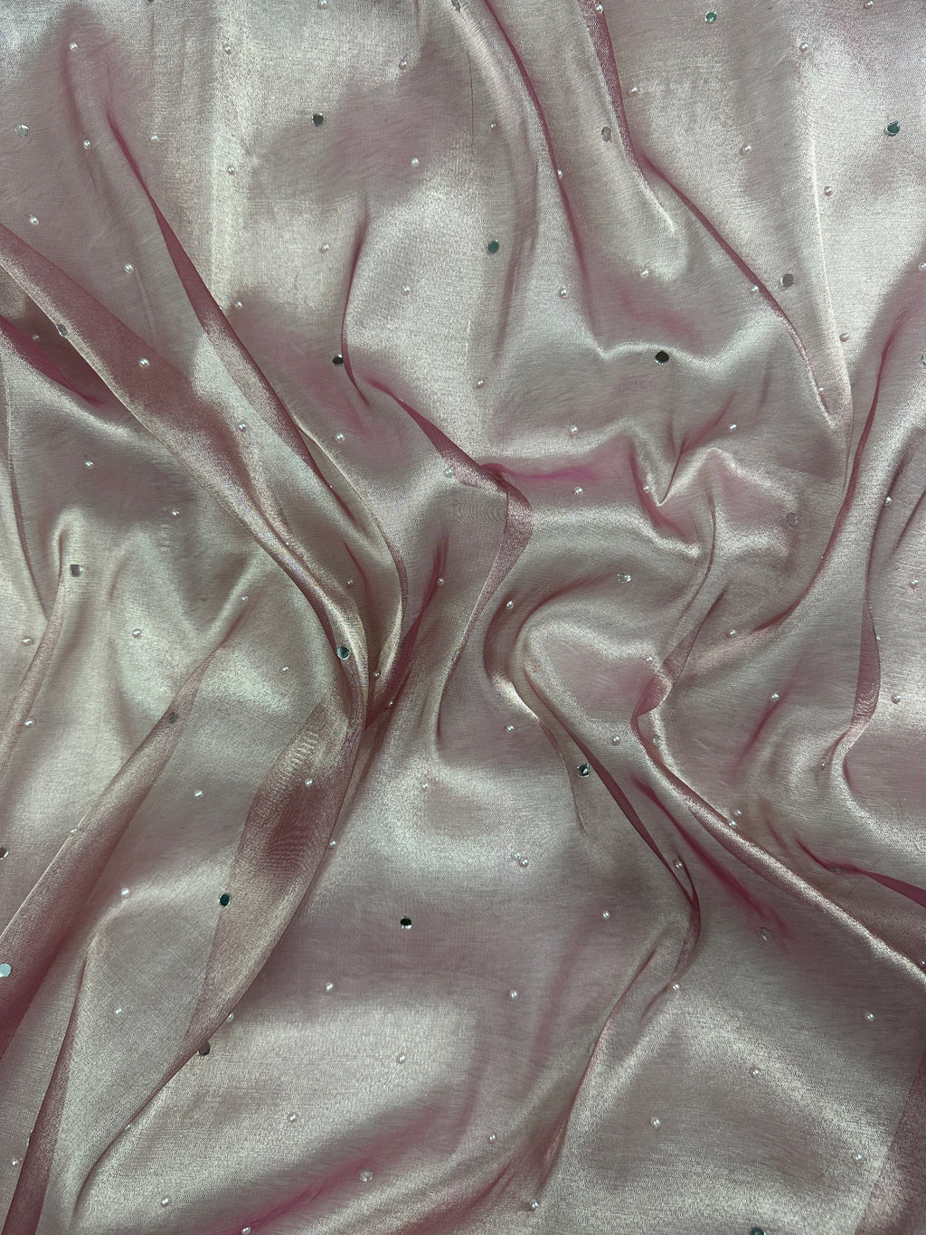 Rose Pink Tissue Silk Saree Beautiful Pearl & Mirror Work & Designer Lace Border