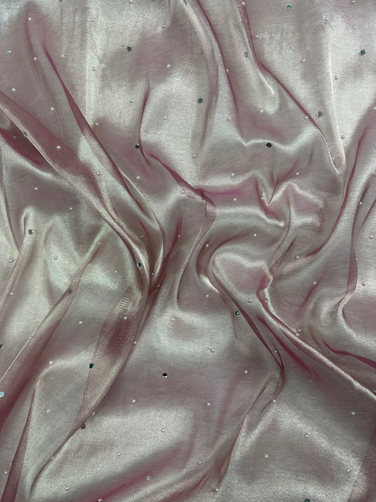 Rose Pink Tissue Silk Saree Beautiful Pearl & Mirror Work & Designer Lace Border