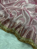 Rose Pink Tissue Silk Saree Beautiful Pearl & Mirror Work & Designer Lace Border