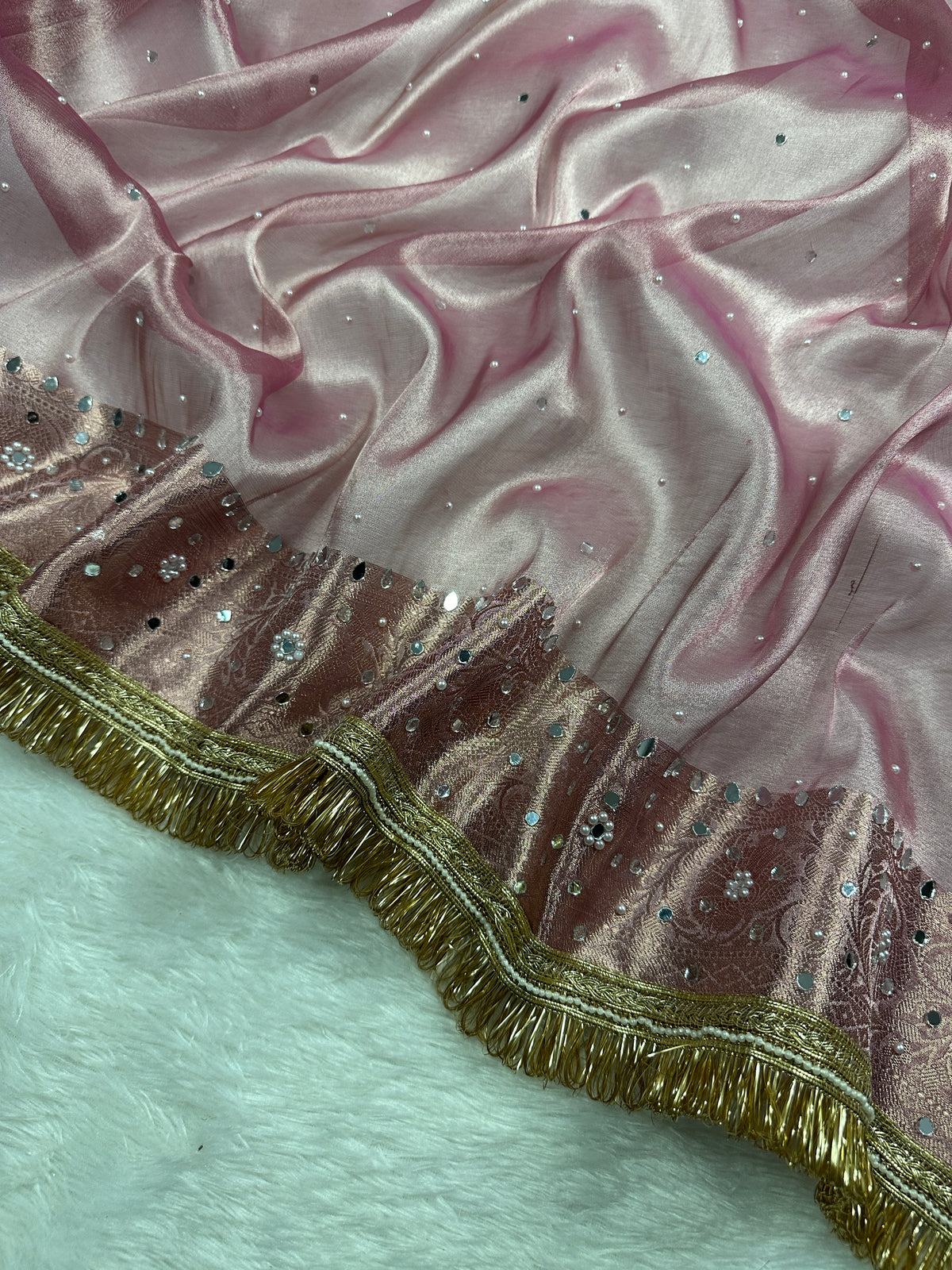 Rose Pink Tissue Silk Saree Beautiful Pearl & Mirror Work & Designer Lace Border