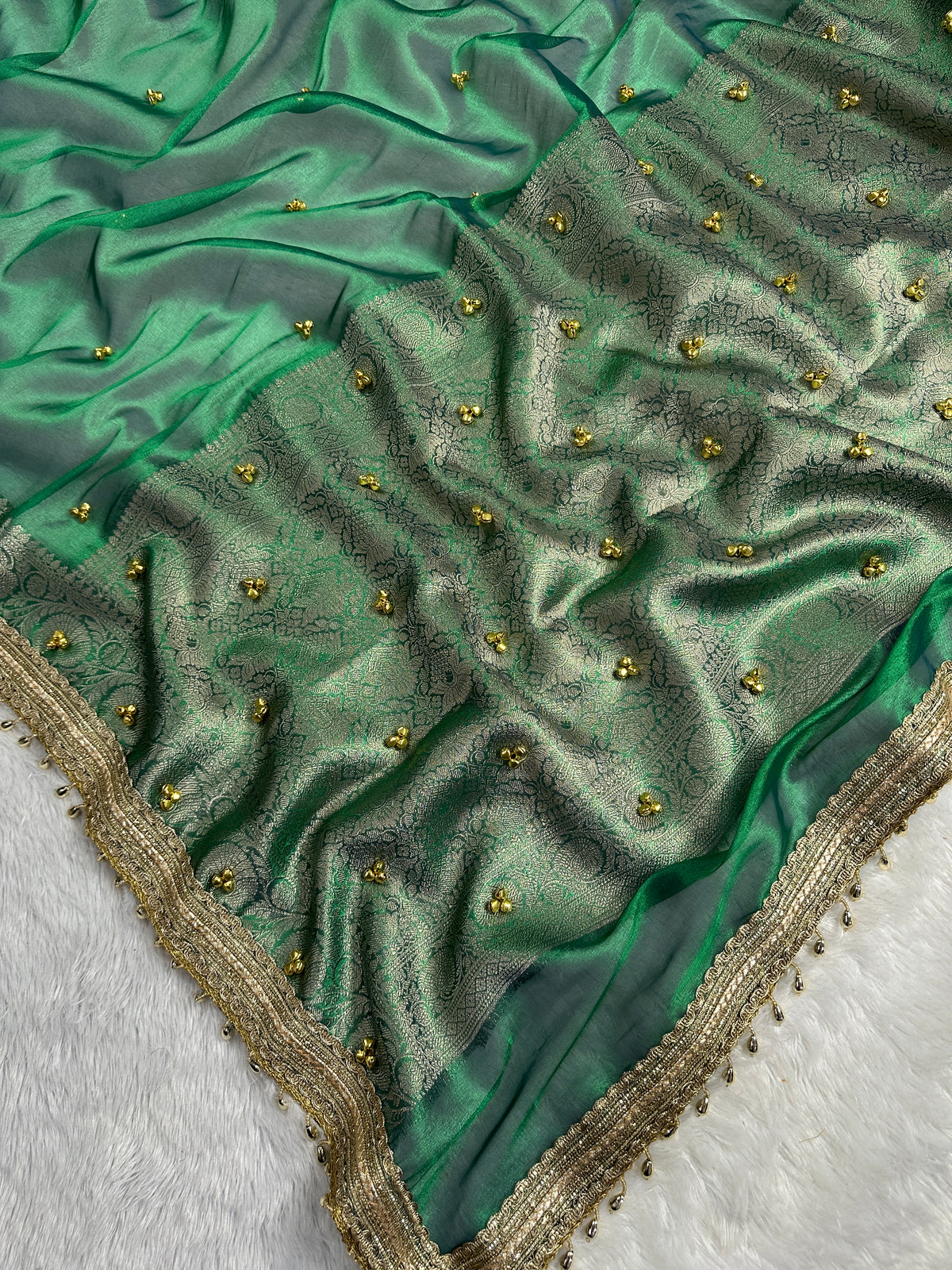 Sea Green Tissue Silk Saree With Golden Ghungroo Butti Work & Luxury Lace Border
