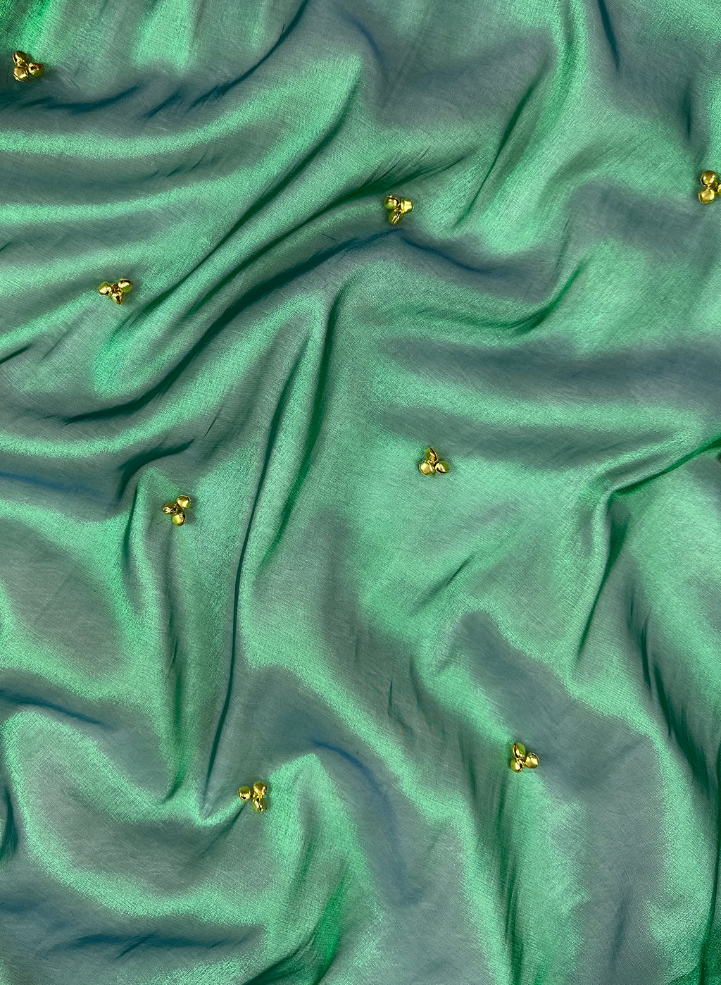 Sea Green Tissue Silk Saree With Golden Ghungroo Butti Work & Luxury Lace Border