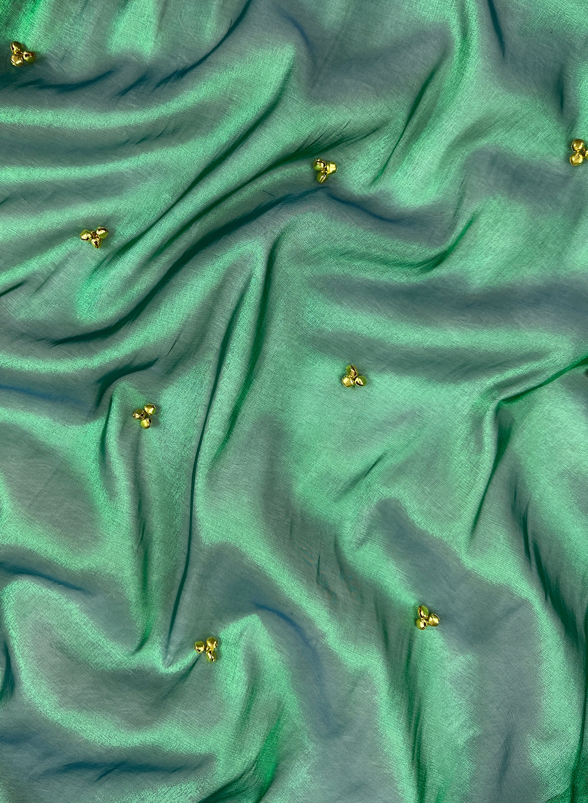 Sea Green Tissue Silk Saree With Golden Ghungroo Butti Work & Luxury Lace Border