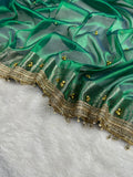 Sea Green Tissue Silk Saree With Golden Ghungroo Butti Work & Luxury Lace Border