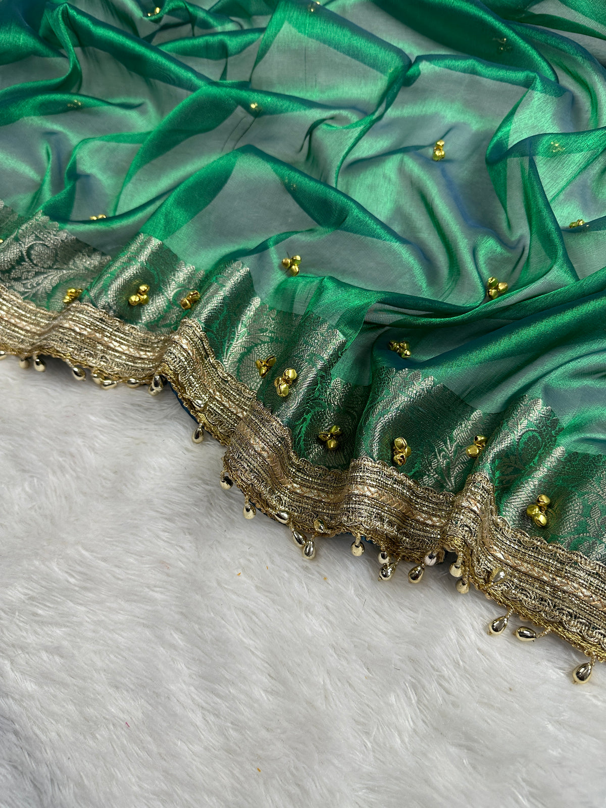 Sea Green Tissue Silk Saree With Golden Ghungroo Butti Work & Luxury Lace Border