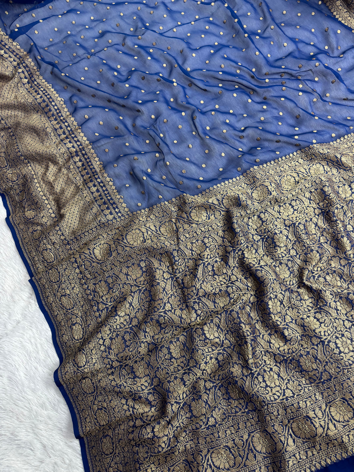 Navy Blue Pure Khaddi Georgette Silk Banarasi Saree