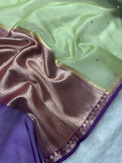 Light Pista & Purple Pure Kora Organza Silk Banarasi Saree