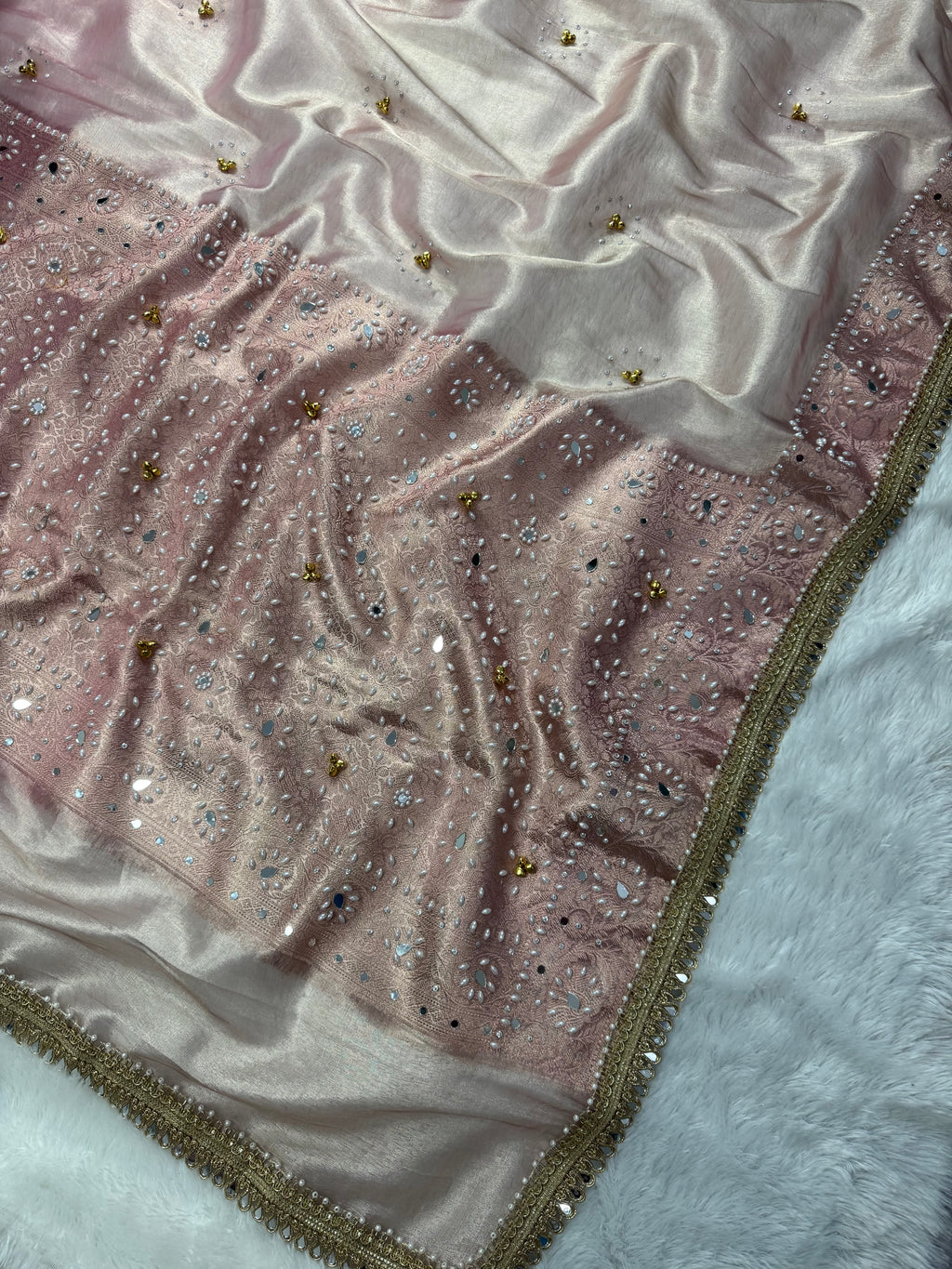 Rose Pink Tissue Silk Saree With Ghungroo & Mirror Work Designer Border Lace Saree