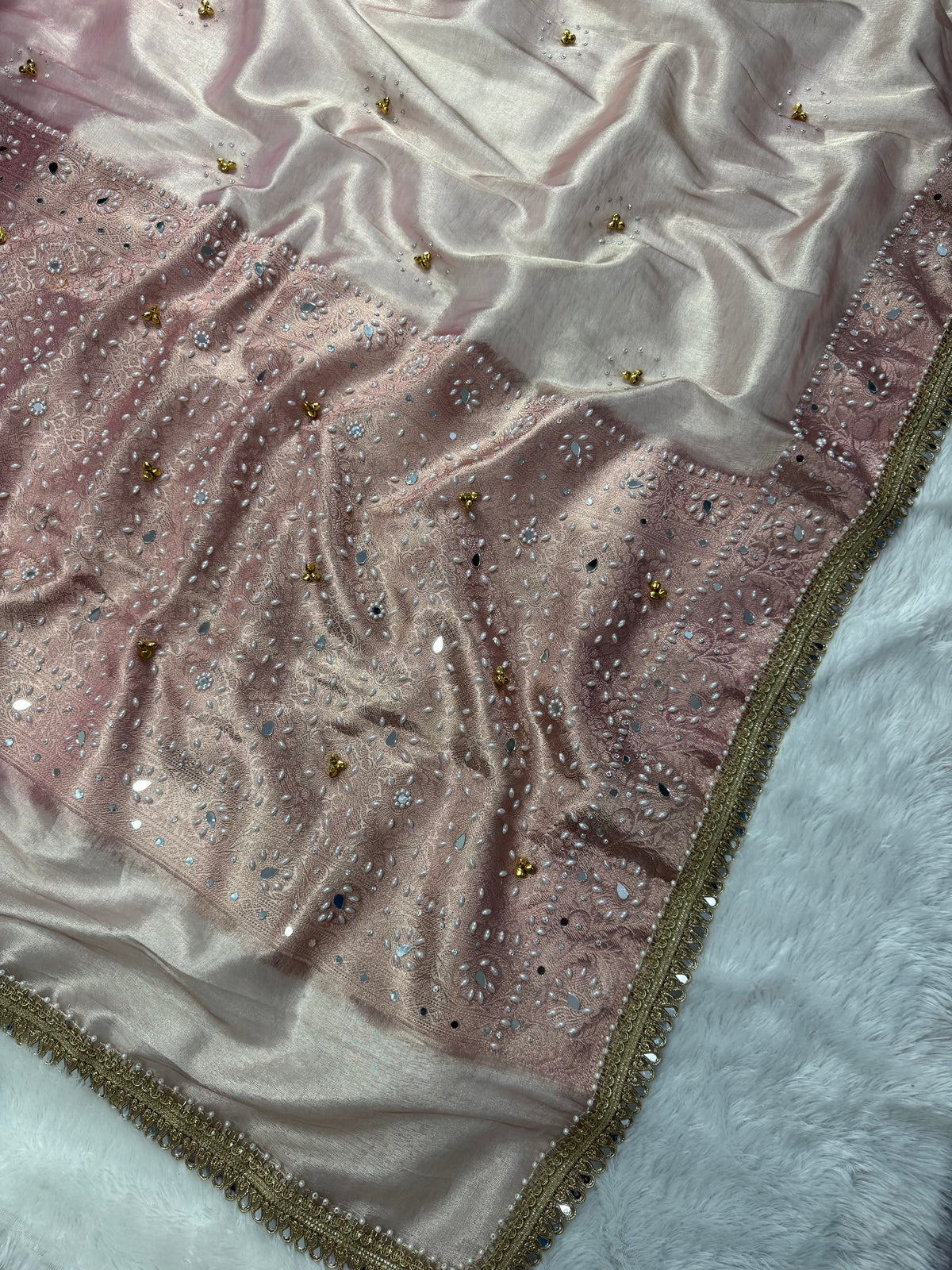 Rose Pink Tissue Silk Saree With Ghungroo & Mirror Work Designer Border Lace Saree
