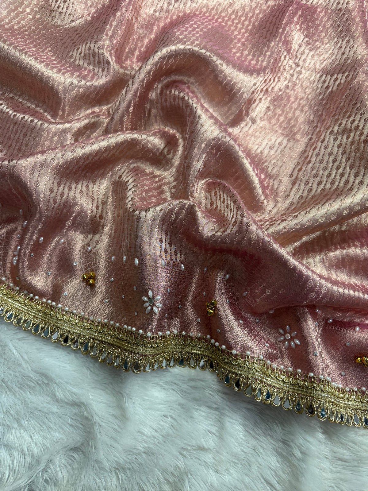 Rose Pink Tissue Silk Saree With Ghungroo & Mirror Work Designer Border Lace Saree