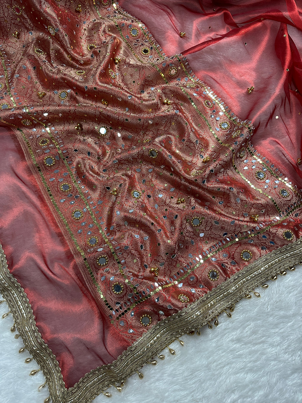 Red Tissue Silk Saree With Ghungroo & Mirror Work Designer Border Lace Work