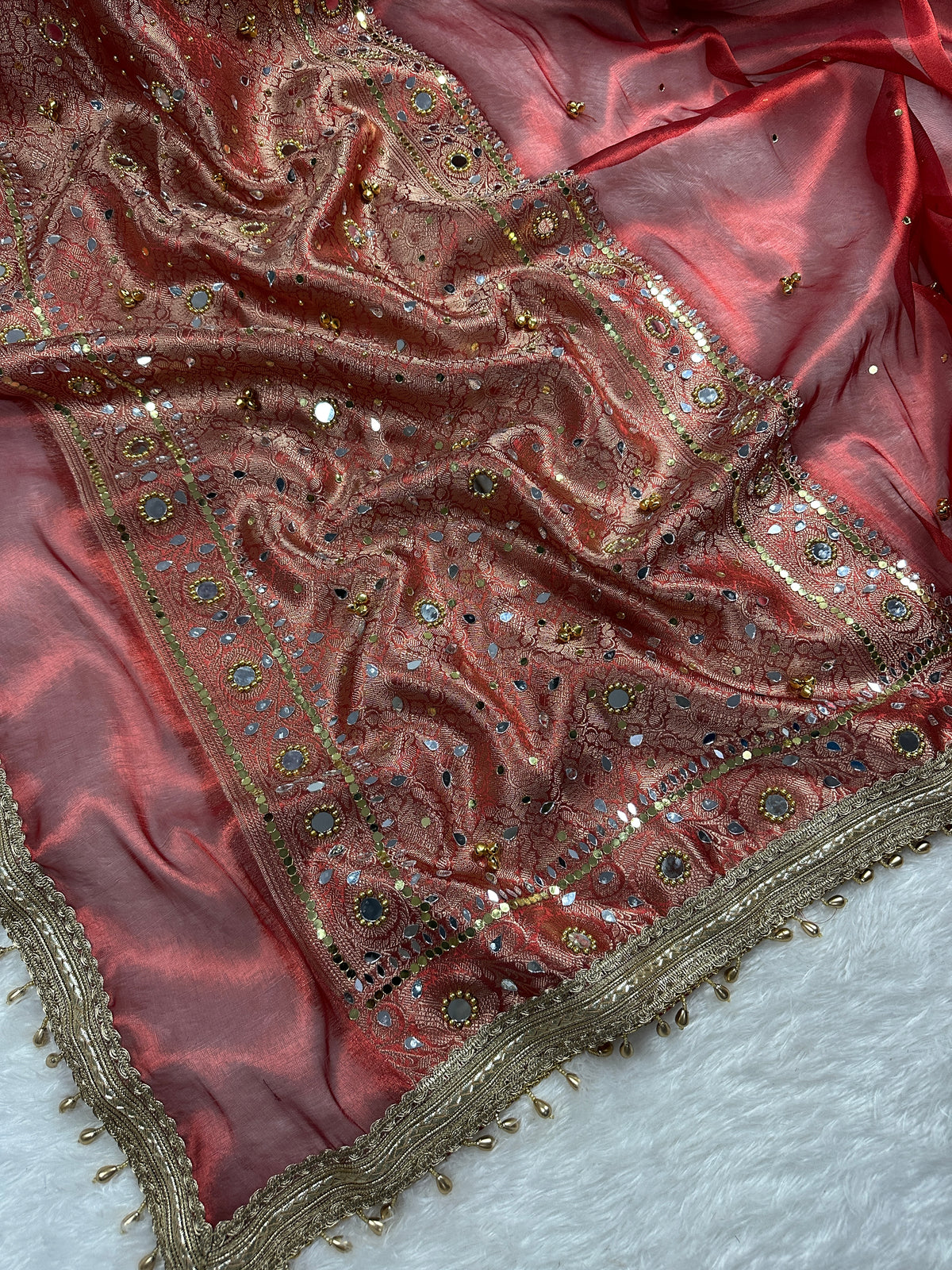 Red Tissue Silk Saree With Ghungroo & Mirror Work Designer Border Lace Work