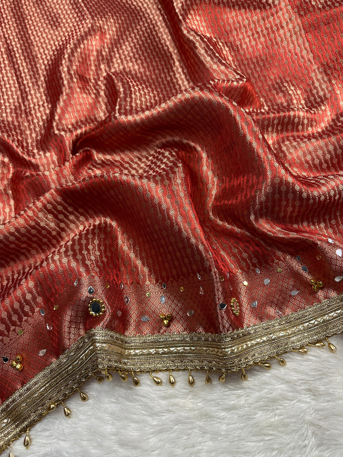 Red Tissue Silk Saree With Ghungroo & Mirror Work Designer Border Lace Work
