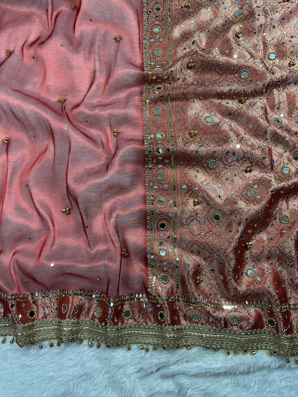 Red Tissue Silk Saree With Ghungroo & Mirror Work Designer Border Lace Work