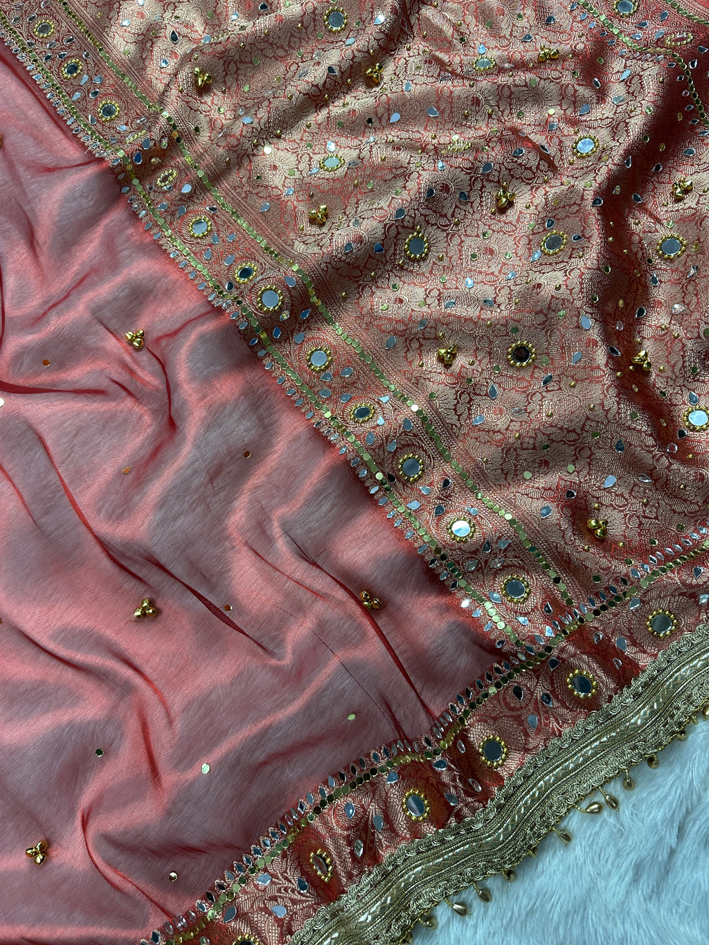 Red Tissue Silk Saree With Ghungroo & Mirror Work Designer Border Lace Work