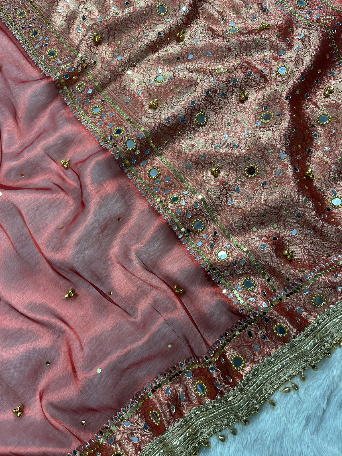Red Tissue Silk Saree With Ghungroo & Mirror Work Designer Border Lace Work