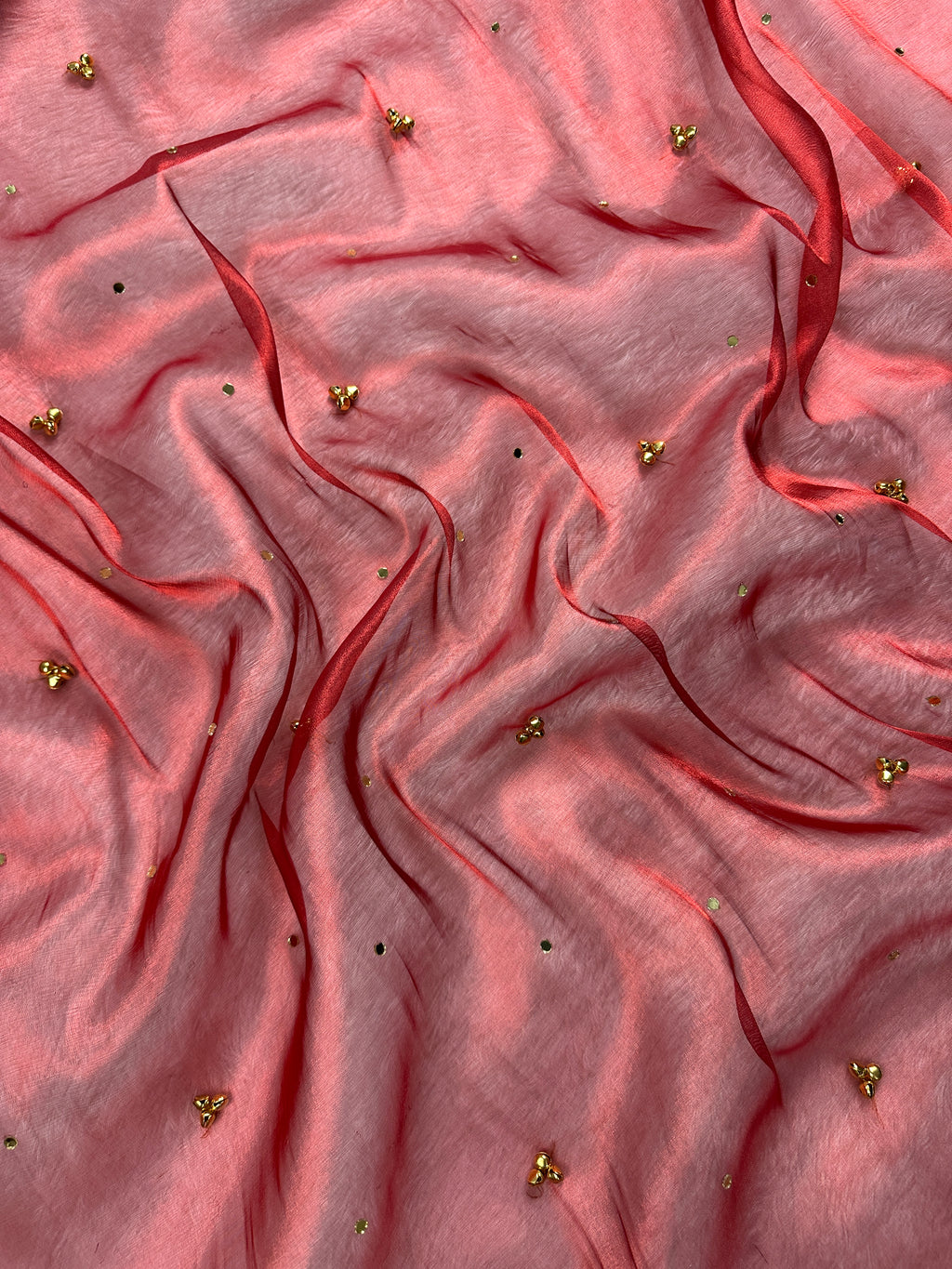 Red Tissue Silk Saree With Ghungroo & Mirror Work Designer Border Lace Work