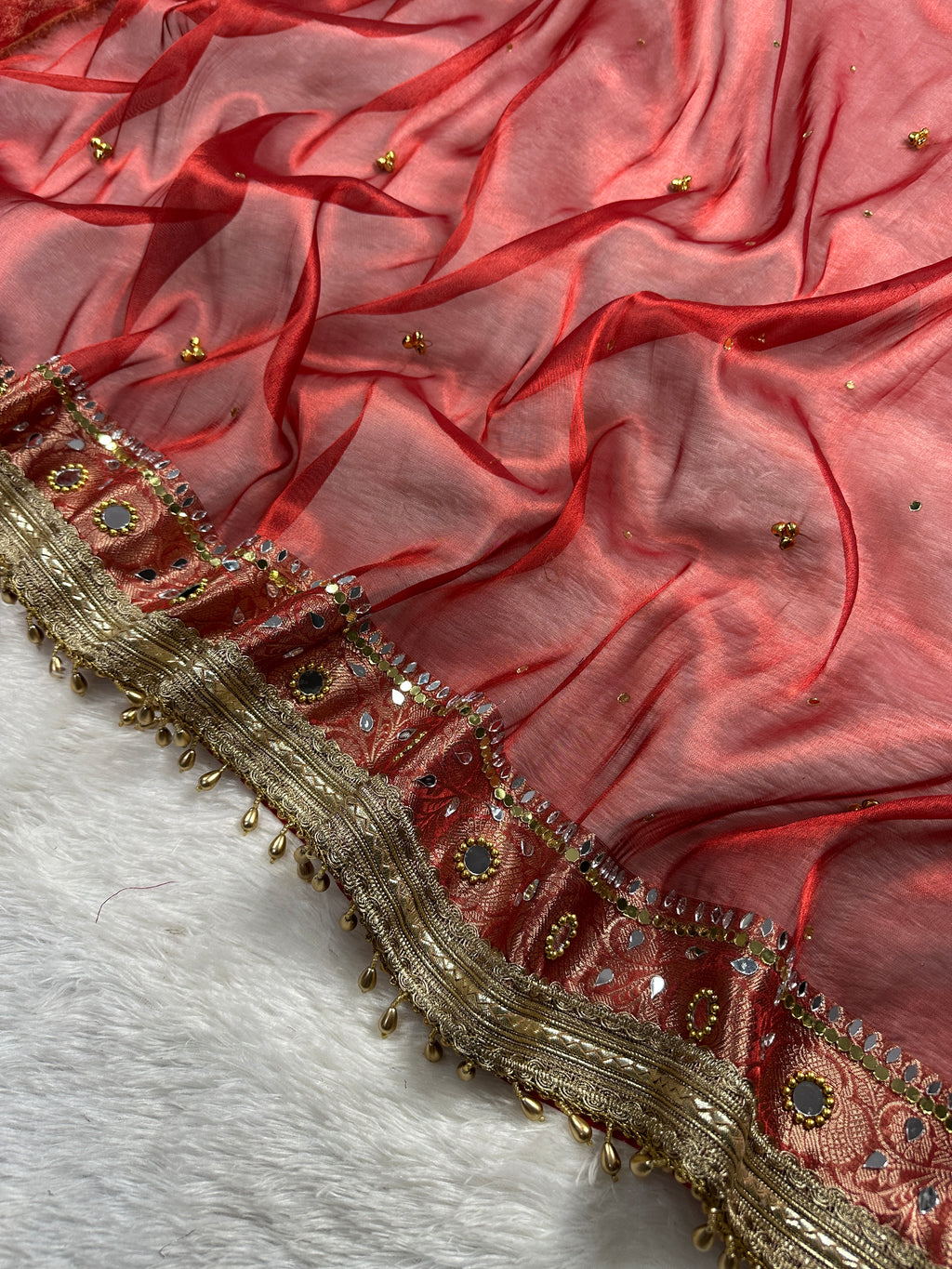 Red Tissue Silk Saree With Ghungroo & Mirror Work Designer Border Lace Work