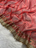 Red Tissue Silk Saree With Ghungroo & Mirror Work Designer Border Lace Work