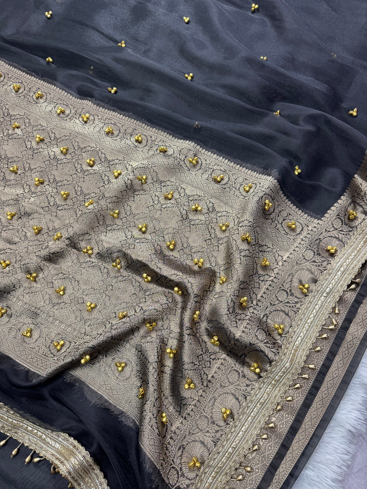 Black Tissue Silk Saree With Golden Ghungroo Butti Work & Luxury Lace Work Border
