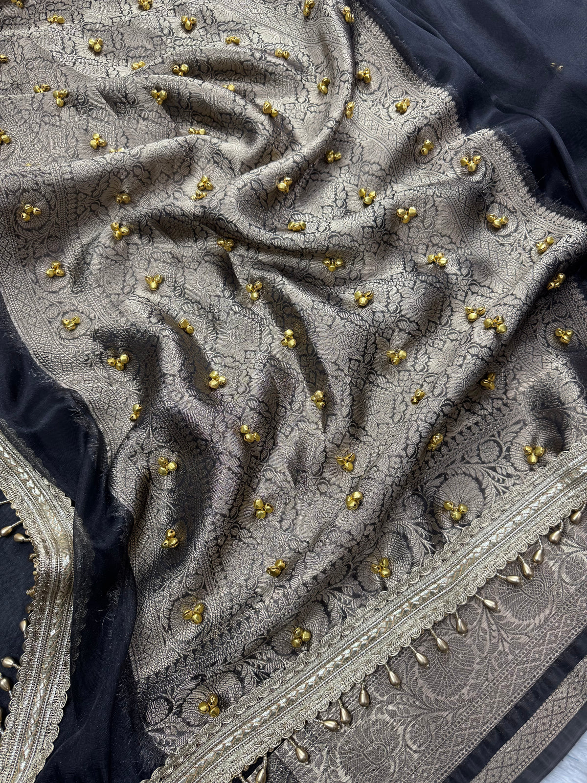 Black Tissue Silk Saree With Golden Ghungroo Butti Work & Luxury Lace Work Border