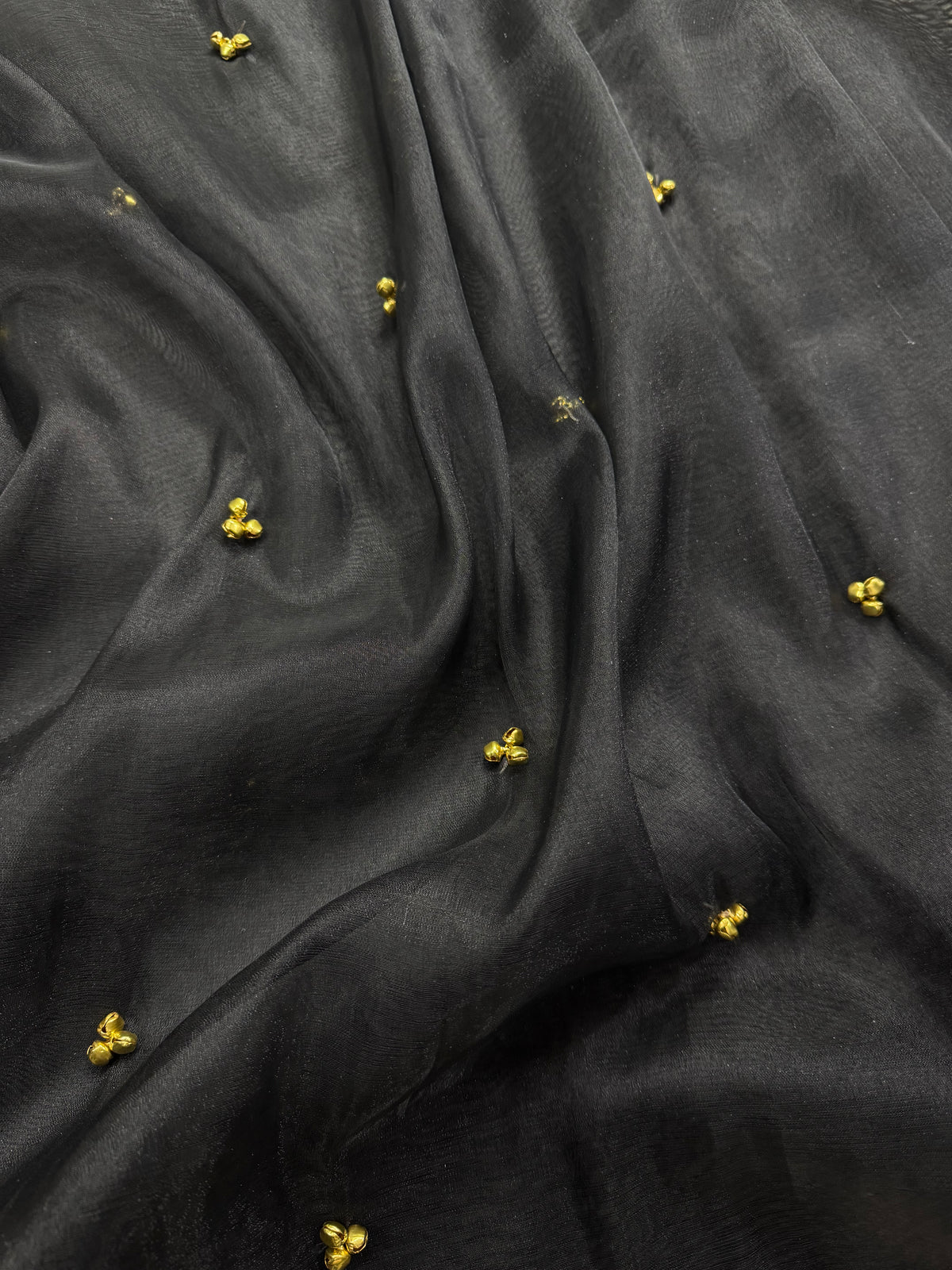 Black Tissue Silk Saree With Golden Ghungroo Butti Work & Luxury Lace Work Border