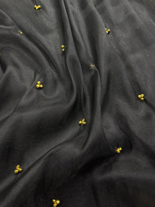 Black Tissue Silk Saree With Golden Ghungroo Butti Work & Luxury Lace Work Border