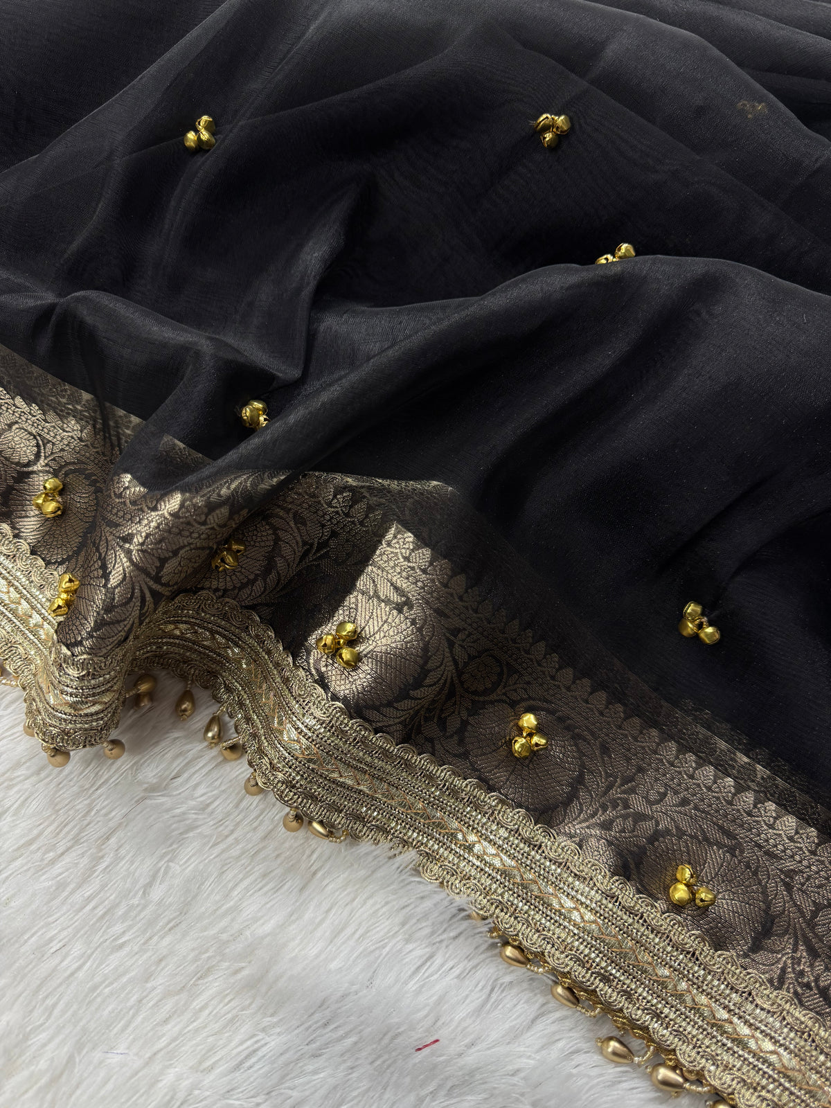 Black Tissue Silk Saree With Golden Ghungroo Butti Work & Luxury Lace Work Border