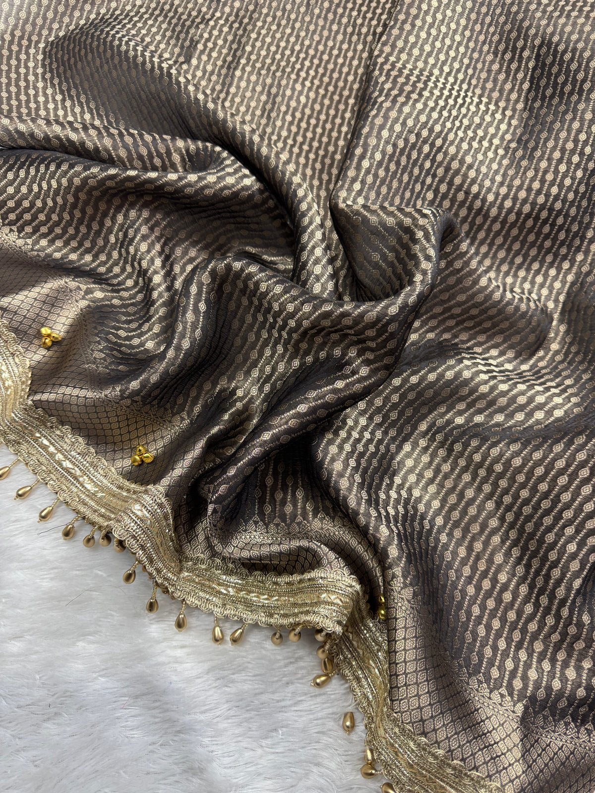 Black Tissue Silk Saree With Golden Ghungroo Butti Work & Luxury Lace Work Border