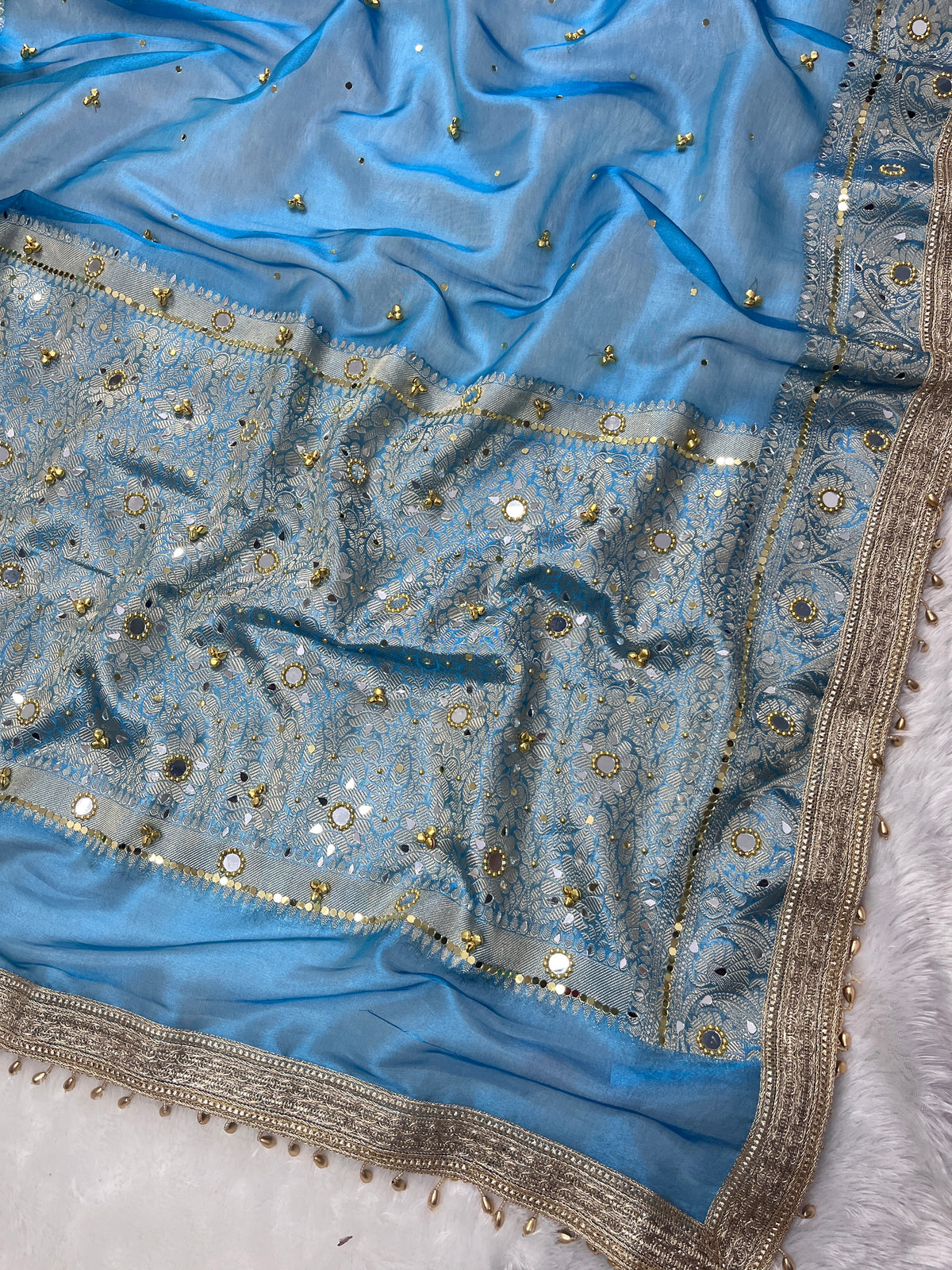 Sky Blue Tissue Silk Saree With Ghungroo & Mirror Work Designer Border Lace Saree
