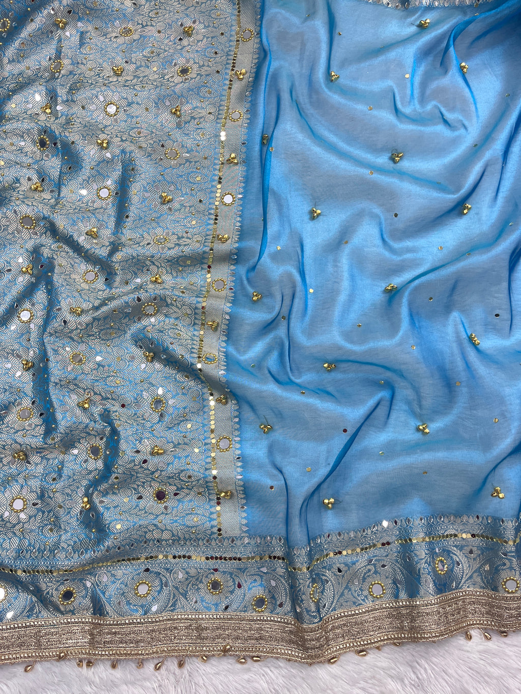 Sky Blue Tissue Silk Saree With Ghungroo & Mirror Work Designer Border Lace Saree