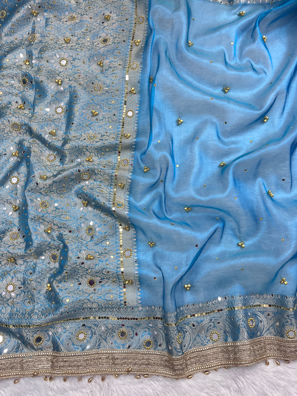 Sky Blue Tissue Silk Saree With Ghungroo & Mirror Work Designer Border Lace Saree