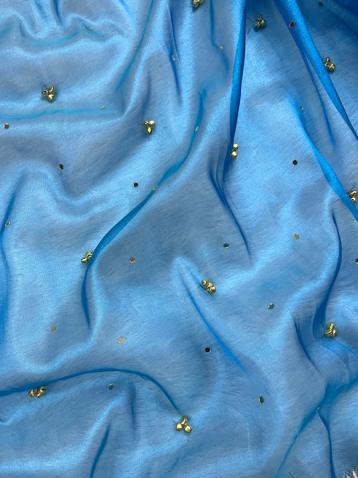 Sky Blue Tissue Silk Saree With Ghungroo & Mirror Work Designer Border Lace Saree