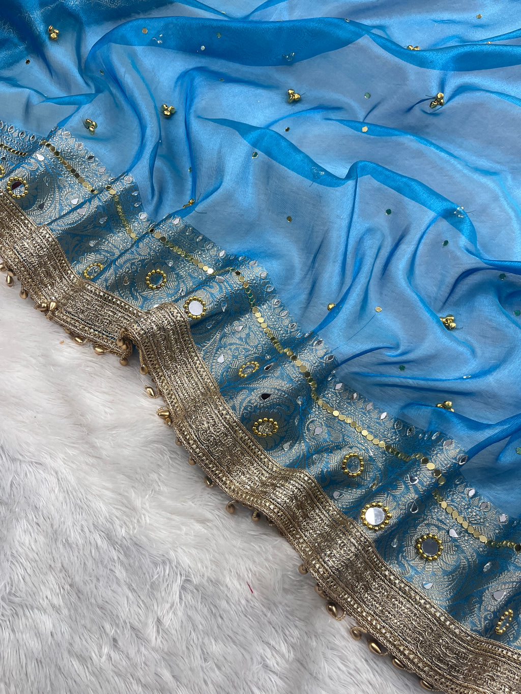 Sky Blue Tissue Silk Saree With Ghungroo & Mirror Work Designer Border Lace Saree
