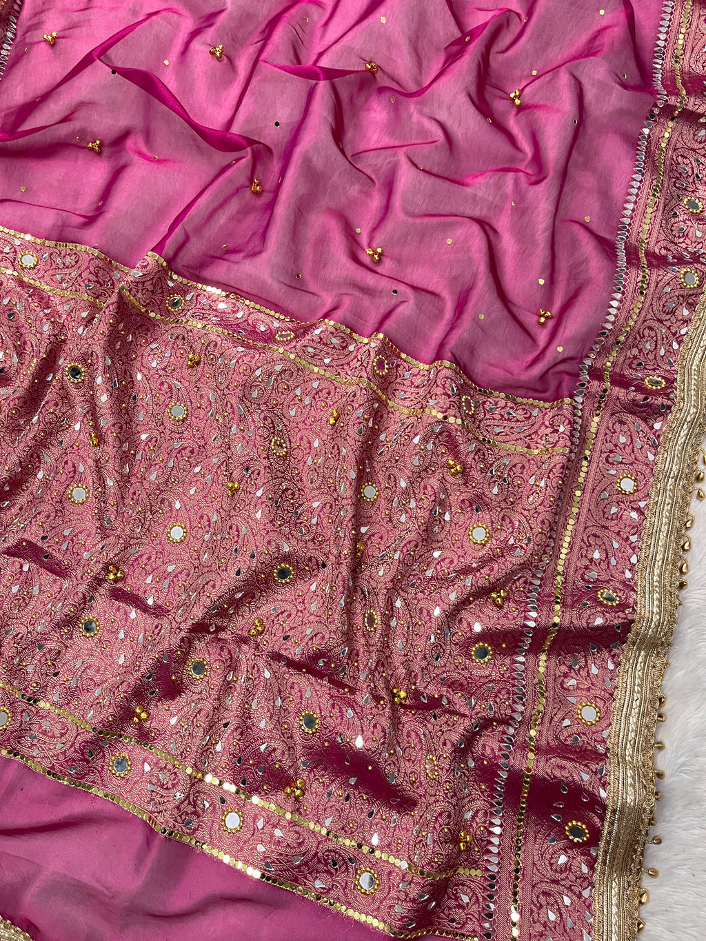 Rani Tissue Silk Saree With Ghungroo & Mirror Work Designer Border Lace Saree